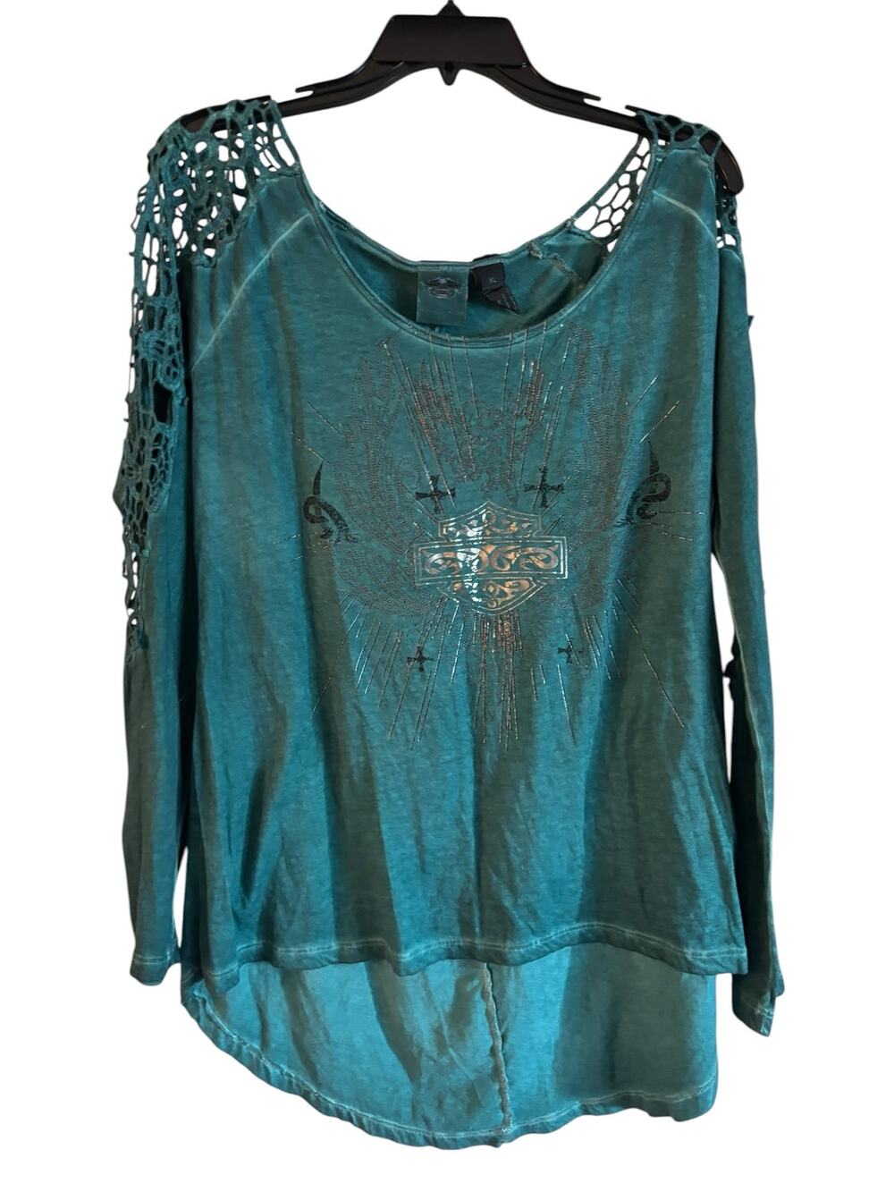 Harley Davidson Womenβs Teal Long Sleeve Tee Shirt Crochet Sleeves Metallic XL